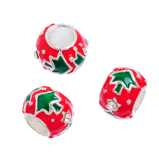 Picture of Zinc Based Alloy European Style Large Hole Charm Beads Round Silver Plated Christmas Tree Pattern Red & Green Enamel About 11mm Dia, Hole: Approx 5mm, 5 PCs