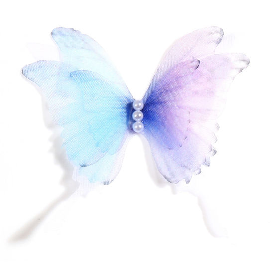 Picture of Organza Ethereal Butterfly Appliques Patches DIY Scrapbooking Blue Violet Butterfly Animal Imitation Pearl 5cm x 4.5cm, 2 PCs