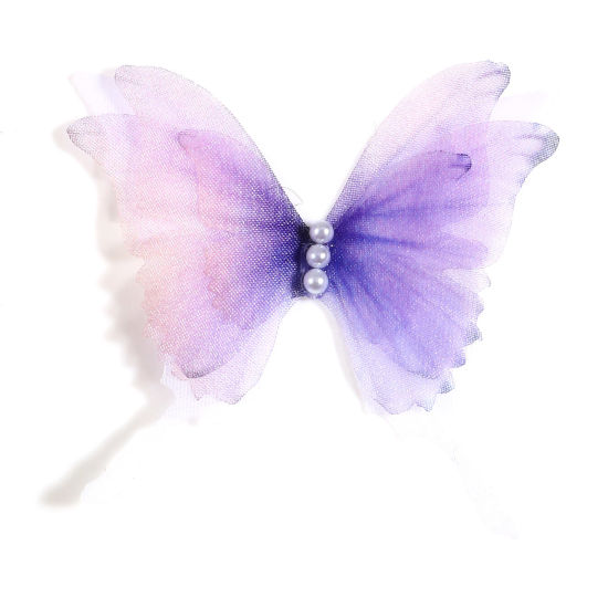 Picture of Organza Ethereal Butterfly Appliques Patches DIY Scrapbooking Blue Violet Butterfly Animal Imitation Pearl 5cm x 4.5cm, 2 PCs