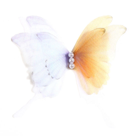 Picture of Organza Ethereal Butterfly Appliques Patches DIY Scrapbooking Yellow Butterfly Animal Imitation Pearl 5cm x 4.5cm, 2 PCs