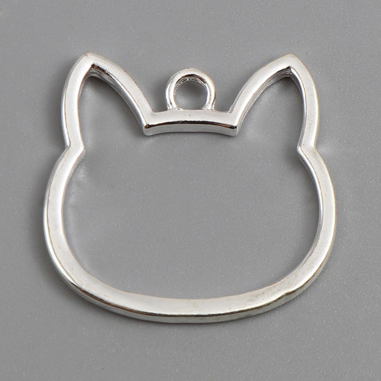 Picture of Zinc Based Alloy Open Back Bezel Pendants For Resin Silver Plated Cat Animal 29mm x 27mm, 5 PCs