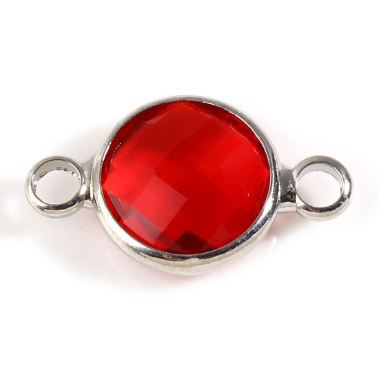 Picture of Brass & Glass Birthstone Connectors Silver Tone Red Round July Faceted 15mm x 9mm, 5 PCs                                                                                                                                                                      