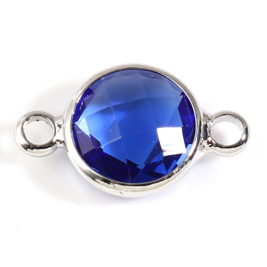 Picture of Brass & Glass Birthstone Connectors Silver Tone Royal Blue Round September Faceted 15mm x 9mm, 5 PCs                                                                                                                                                          