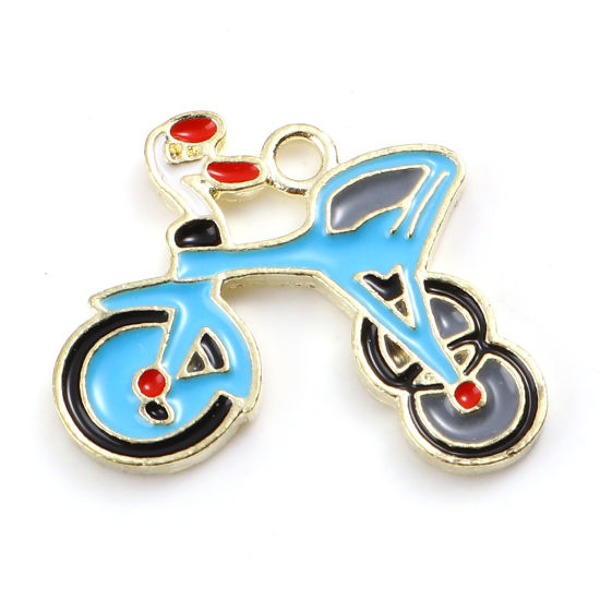 Immagine di Lega di Zinco Charms Bicicleta Oro Placcato Rosso & Blu Smalto 24mm x 18mm , 5 Pz