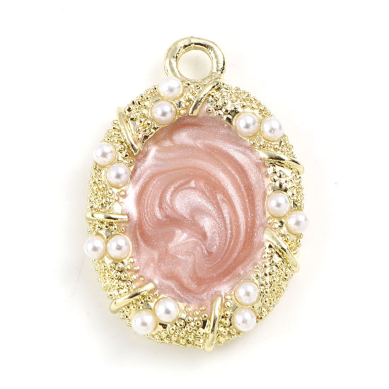 Picture of Zinc Based Alloy & Acrylic Charms Oval Gold Plated Light Pink Imitation Pearl 25mm x 17mm, 2 PCs