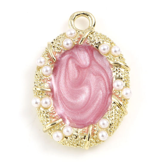Picture of Zinc Based Alloy & Acrylic Charms Oval Gold Plated Pink Imitation Pearl 25mm x 17mm, 2 PCs