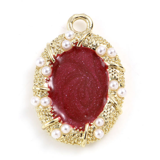 Picture of Zinc Based Alloy & Acrylic Charms Oval Gold Plated Wine Red Imitation Pearl 25mm x 17mm, 2 PCs