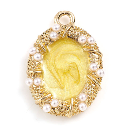 Picture of Zinc Based Alloy & Acrylic Charms Oval Gold Plated Yellow Imitation Pearl 25mm x 17mm, 2 PCs
