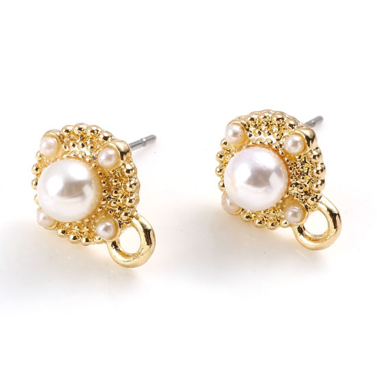 Picture of Zinc Based Alloy & Acrylic Ear Post Stud Earrings Round Gold Plated White Imitation Pearl 13mm x 10mm,Post/ Wire Size: (21 gauge),, 2 PCs
