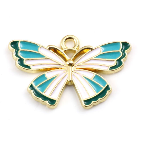 Immagine di Lega di Zinco Insetto Charms Farfalla Oro Placcato Bianco & Verde Smalto 25mm x 15.5mm , 5 Pz