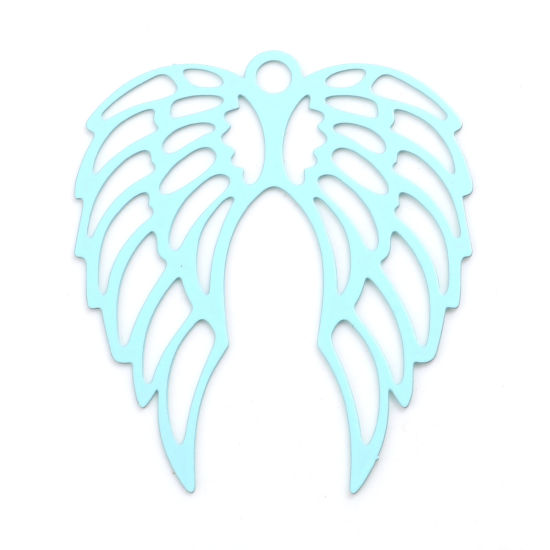 Immagine di Lega di Ferro Filigree Stamping Ciondoli Ali Blu Chiaro Pittura 41mm x 36mm , 5 Pz