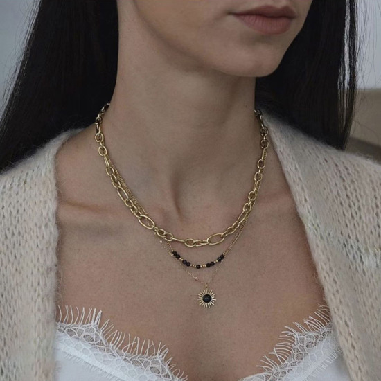 Picture of Eco-friendly Stylish Galaxy 14K Gold Plated Black 304 Stainless Steel Link Cable Chain Sun Multilayer Layered Necklace For Women Party 47cm(18 4/8") long, 1 Piece