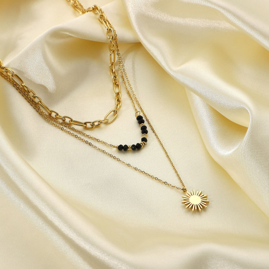 Picture of Eco-friendly Stylish Galaxy 14K Gold Plated Black 304 Stainless Steel Link Cable Chain Sun Multilayer Layered Necklace For Women Party 47cm(18 4/8") long, 1 Piece