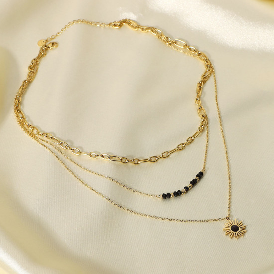 Picture of Eco-friendly Stylish Galaxy 14K Gold Plated Black 304 Stainless Steel Link Cable Chain Sun Multilayer Layered Necklace For Women Party 47cm(18 4/8") long, 1 Piece