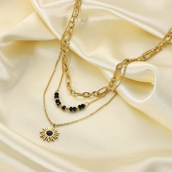 Picture of Eco-friendly Stylish Galaxy 14K Gold Plated Black 304 Stainless Steel Link Cable Chain Sun Multilayer Layered Necklace For Women Party 47cm(18 4/8") long, 1 Piece