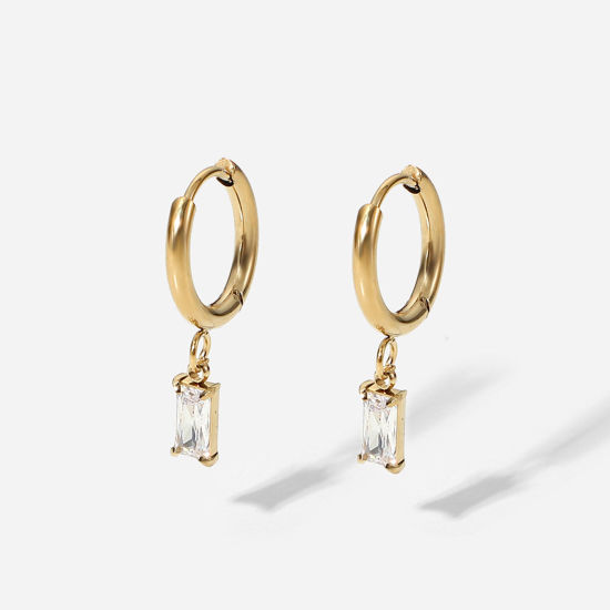 Imagen de Respetuoso del Medio Ambiente Dulce & Lindo piedra del zodíaco 18K Oro Real Chapado Transparente 304 Acero Inoxidable & Circón Artificial Rectángulo Aretes de Aro Para Mujeres Cumpleaños 25mm, 1 Par