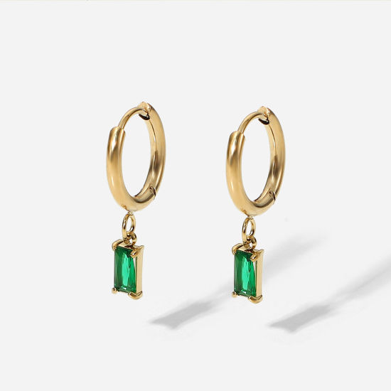 Imagen de Respetuoso del Medio Ambiente Dulce & Lindo piedra del zodíaco 18K Oro Real Chapado Verde 304 Acero Inoxidable & Circón Artificial Rectángulo Aretes de Aro Para Mujeres Cumpleaños 25mm, 1 Par