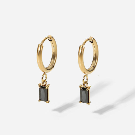 Imagen de Respetuoso del Medio Ambiente Dulce & Lindo piedra del zodíaco 18K Oro Real Chapado Negro 304 Acero Inoxidable & Circón Artificial Rectángulo Aretes de Aro Para Mujeres Cumpleaños 25mm, 1 Par