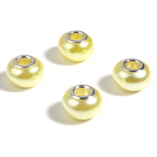 Picture of Acrylic European Style Large Hole Charm Beads Silver Tone Yellow Round 14mm Dia., Hole: Approx 5mm, 20 PCs