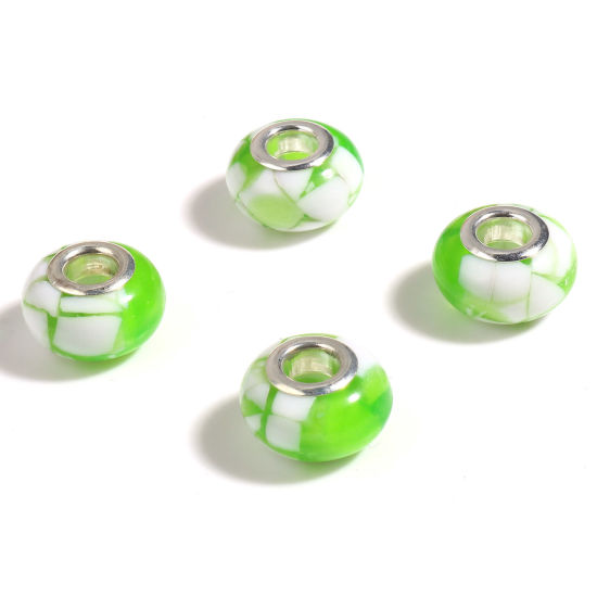 Picture of Acrylic European Style Large Hole Charm Beads Silver Tone White & Green Round 14mm Dia., Hole: Approx 5mm, 20 PCs