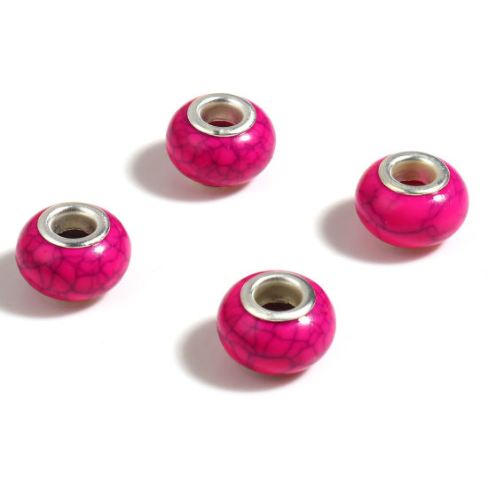 Picture of Acrylic European Style Large Hole Charm Beads Silver Tone Fuchsia Round Crack 14mm Dia., Hole: Approx 5mm, 20 PCs