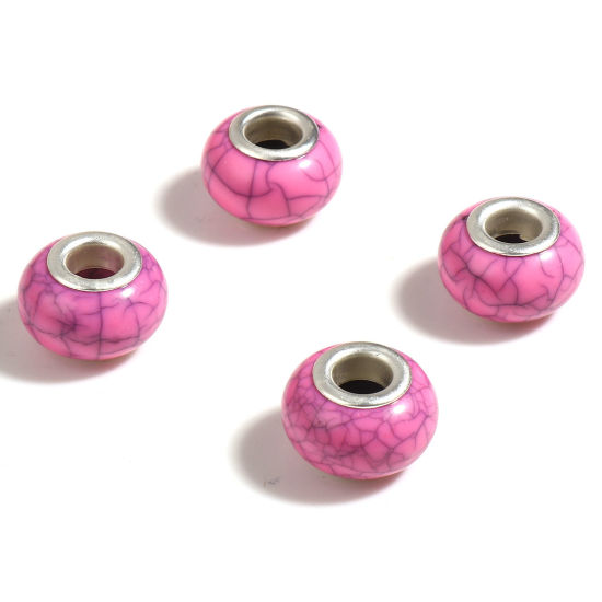 Picture of Acrylic European Style Large Hole Charm Beads Silver Tone Pink Round Crack 14mm Dia., Hole: Approx 5mm, 20 PCs