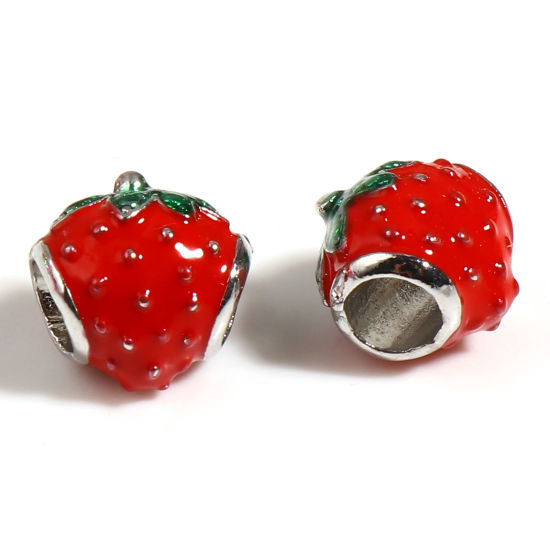 Immagine di Lega di Zinco Perline Fragola Rosso Smalto Circa 11mm x 11mm, Foro:Circa 4.6mm, 5 Pz