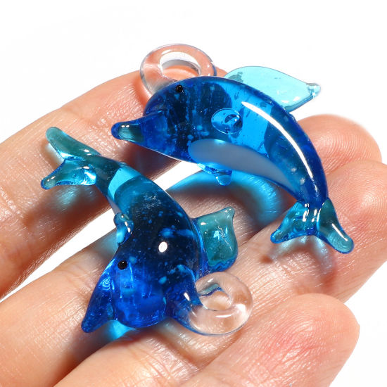 Picture of Lampwork Glass Ocean Jewelry Pendants Blue Dolphin Animal 4.2x2.8cm - 3.6x2.3cm, 2 PCs