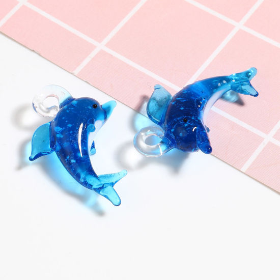 Picture of Lampwork Glass Ocean Jewelry Pendants Blue Dolphin Animal 4.2x2.8cm - 3.6x2.3cm, 2 PCs