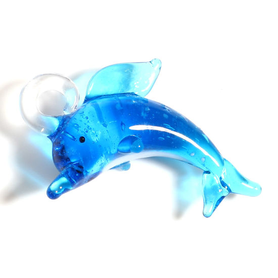 Picture of Lampwork Glass Ocean Jewelry Pendants Blue Dolphin Animal 4.2x2.8cm - 3.6x2.3cm, 2 PCs