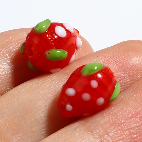 Picture of Lampwork Glass Beads Strawberry Fruit Red About 13mm x 10mm - 12mm x 9mm, Hole: Approx 1.9mm, 1 Strand