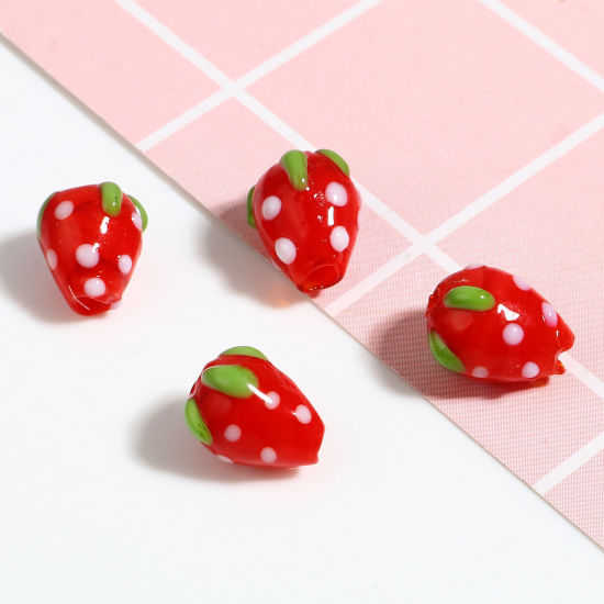 Picture of Lampwork Glass Beads Strawberry Fruit Red About 13mm x 10mm - 12mm x 9mm, Hole: Approx 1.9mm, 1 Strand