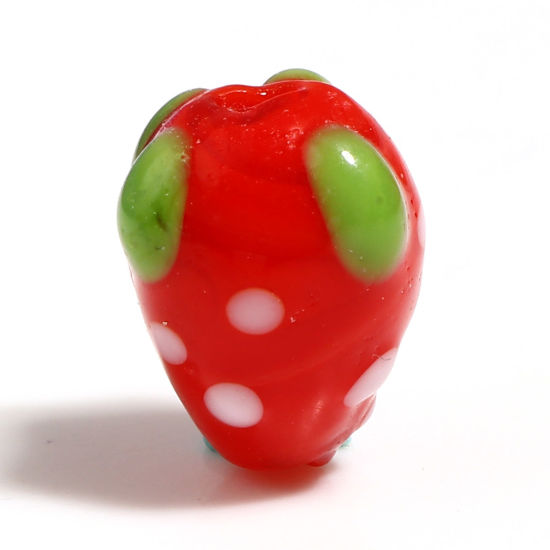 Picture of Lampwork Glass Beads Strawberry Fruit Red About 13mm x 10mm - 12mm x 9mm, Hole: Approx 1.9mm, 1 Strand