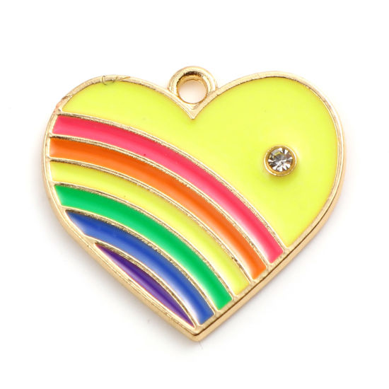 Immagine di Lega di Zinco San Valentino Charms Cuore Oro Placcato Giallo Arcobaleno Trasparente Strass 23mm x 21mm , 10 Pz