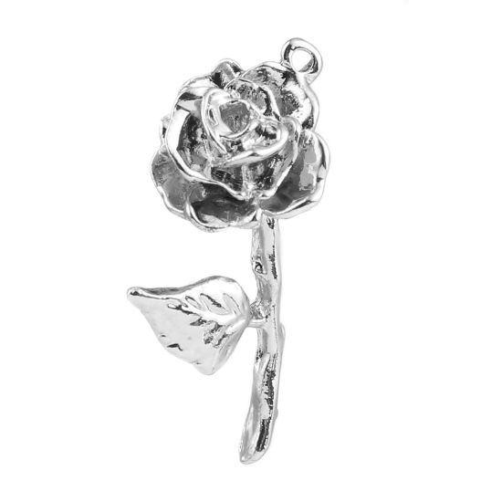 Picture of Zinc Based Alloy Valentine's Day Pendants Rose Flower Silver Tone Painted 3.2cm x 1.3cm, 5 PCs