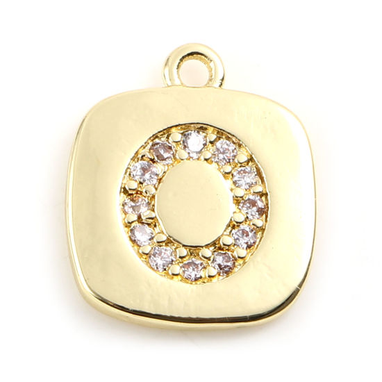 Immagine di Ottone Micro Intarsio Charms Oro Placcato Quadrato Lettera Maiuscola Lettere " O " Trasparente Cubic Zirconiae 10mm x 9mm,