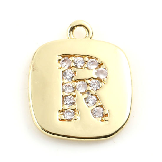 Immagine di Ottone Micro Intarsio Charms Oro Placcato Quadrato Lettera Maiuscola Lettere " R " Trasparente Cubic Zirconiae 10mm x 9mm,