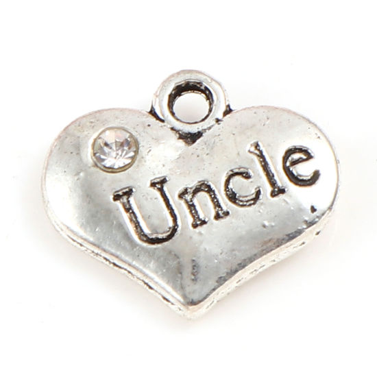 Imagen de Zamak Familia Colgantes Charms Corazón Plata Antigua Mensaje " Tío " Transparente Rhinestone 15mm x 13mm, 10 Unidades