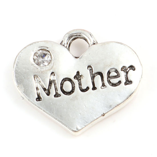 Imagen de Zamak Familia Colgantes Charms Corazón Plata Antigua Mensaje " Madre " Transparente Rhinestone 17mm x 14mm, 10 Unidades