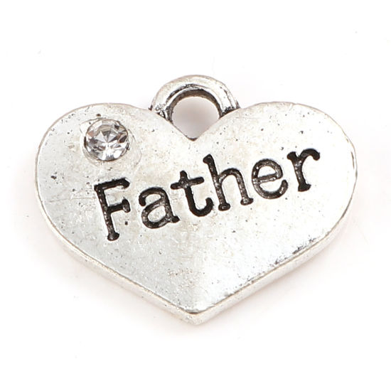 Imagen de Zamak Familia Colgantes Charms Corazón Plata Antigua Mensaje " Padre " Transparente Rhinestone 17mm x 14mm, 10 Unidades