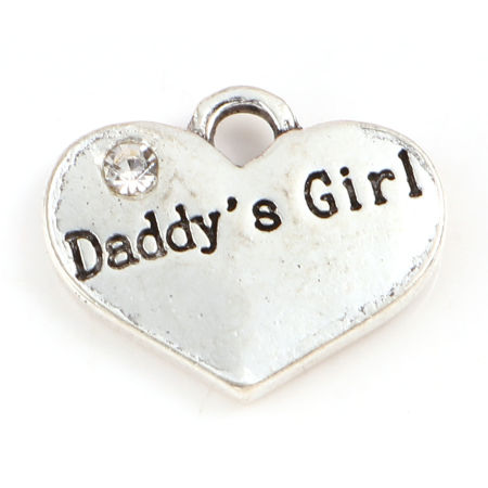 Imagen de Zamak Familia Colgantes Charms Corazón Plata Antigua Mensaje " Daddy's Girl " Transparente Rhinestone 17mm x 14mm, 10 Unidades
