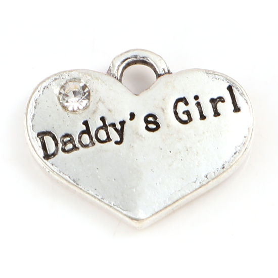 Imagen de Zamak Familia Colgantes Charms Corazón Plata Antigua Mensaje " Daddy's Girl " Transparente Rhinestone 17mm x 14mm, 10 Unidades