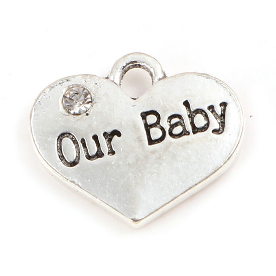 Imagen de Zamak Familia Colgantes Charms Corazón Plata Antigua Mensaje " Our Baby " Transparente Rhinestone 17mm x 14mm, 10 Unidades