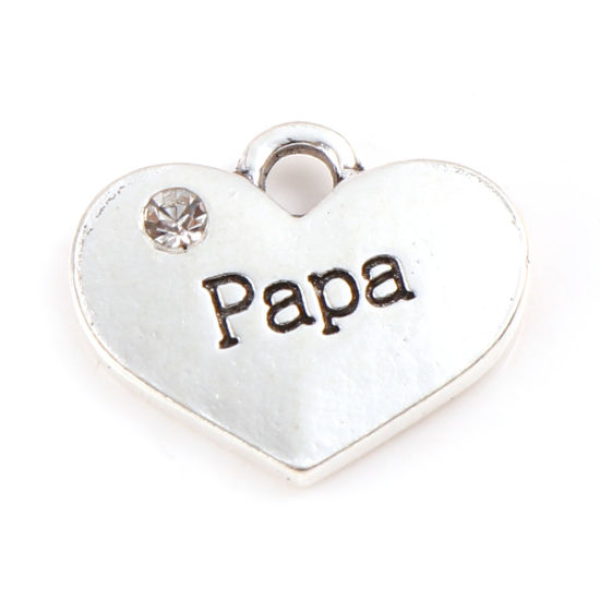 Imagen de Zamak Familia Colgantes Charms Corazón Plata Antigua Mensaje " Papa " Transparente Rhinestone 17mm x 14mm, 10 Unidades