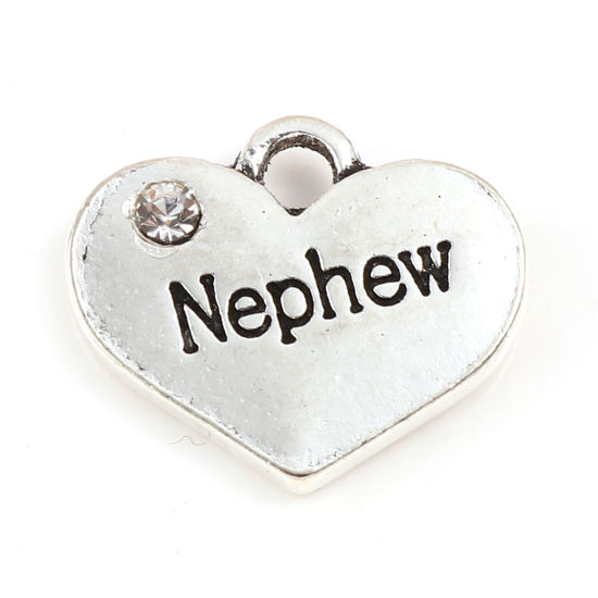 Imagen de Zamak Familia Colgantes Charms Corazón Plata Antigua Mensaje " Nephew " Transparente Rhinestone 17mm x 14mm, 10 Unidades