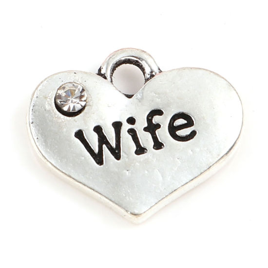 Imagen de Zamak Familia Colgantes Charms Corazón Plata Antigua Mensaje " Esposa " Transparente Rhinestone 17mm x 14mm, 10 Unidades