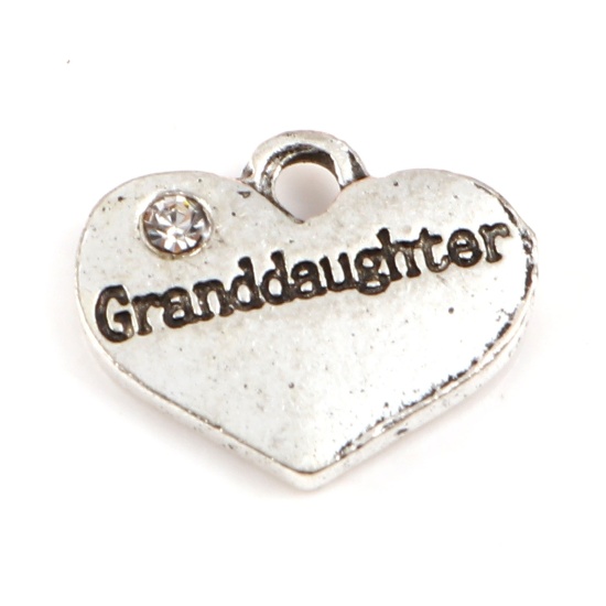 Imagen de Zamak Familia Colgantes Charms Corazón Plata Antigua Mensaje " Nieta " Transparente Rhinestone 17mm x 14mm, 10 Unidades