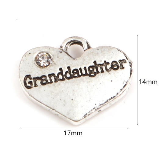 Imagen de Zamak Familia Colgantes Charms Corazón Plata Antigua Mensaje " Nieta " Transparente Rhinestone 17mm x 14mm, 10 Unidades