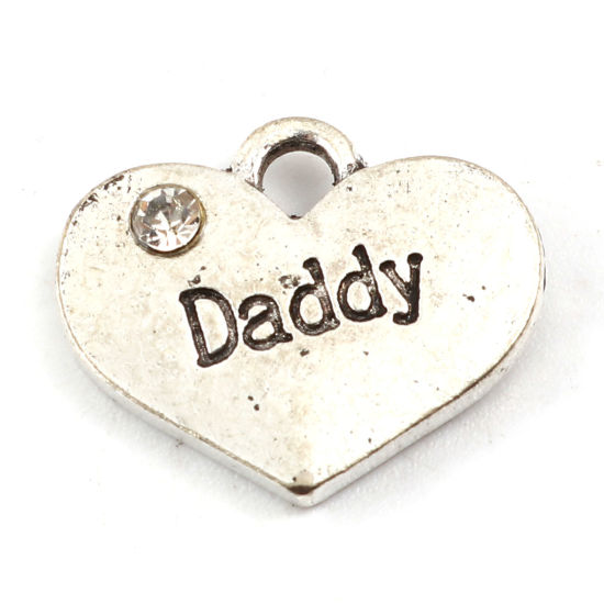 Imagen de Zamak Familia Colgantes Charms Corazón Plata Antigua Mensaje " Daddy " Transparente Rhinestone 17mm x 14mm, 10 Unidades