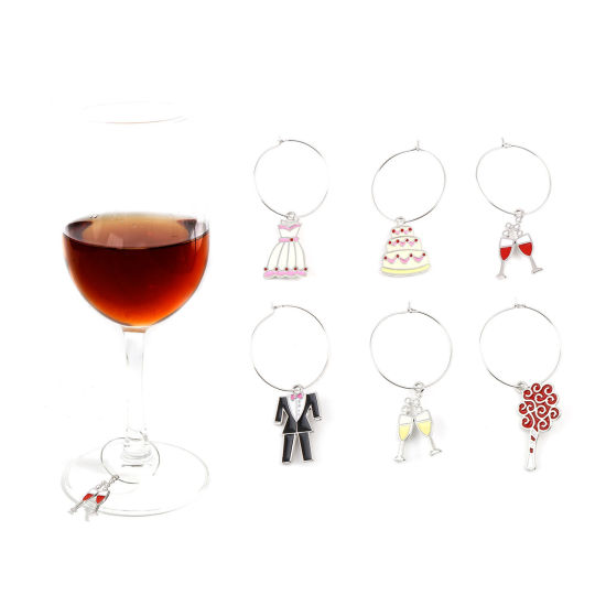 Image de Anneaux Breloques pour Verre à Vin en Alliage de Zinc Forme Verre de Vin Vêtements Multicolore 5.7cm-5.1cm , 1 Kit (Env. 6 Pcs/Kit)
